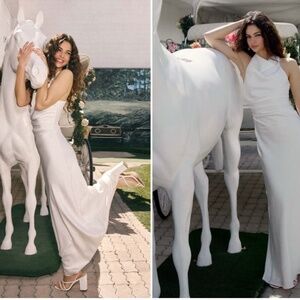 LULU's Bridal Satin Cowl Neck Modest Elegant Open Back Sophisticated Maxi Gown